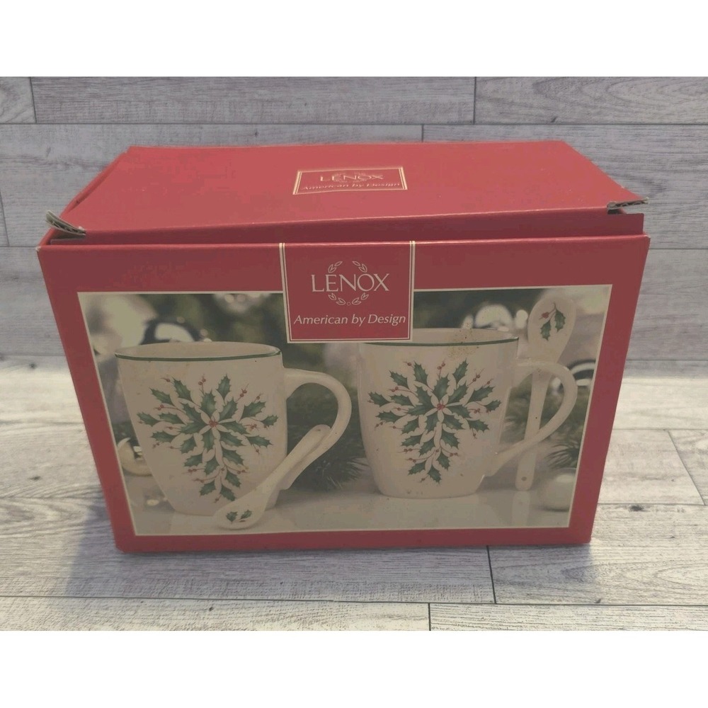 Lenox Holiday Holly Mug Set w Spoon Winter Greetings Christmas China